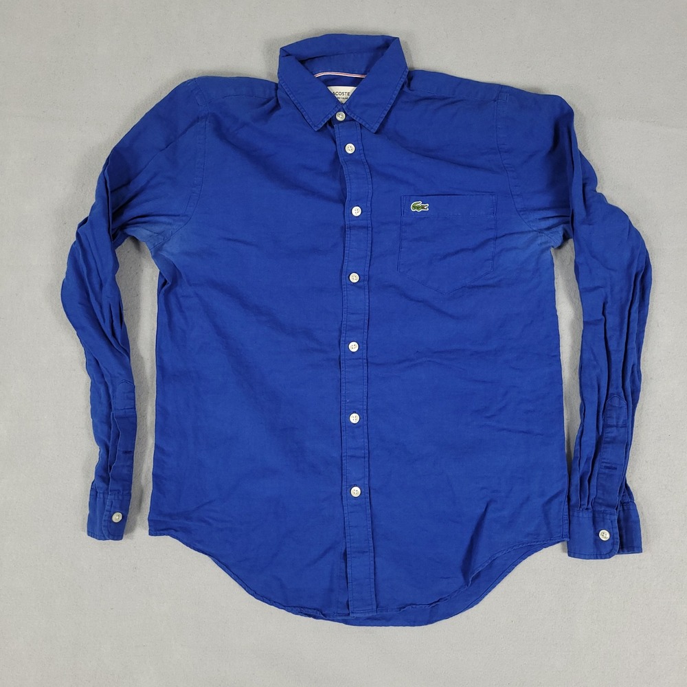 Lacoste Button Down Mens S Blue Regular Fit Cotton Linen Blend Long Sleeve Shirt
